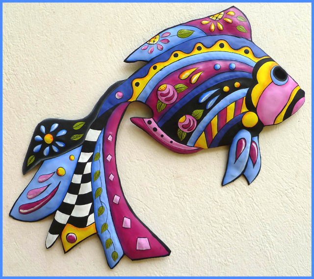 painted metal tropical fish wall art